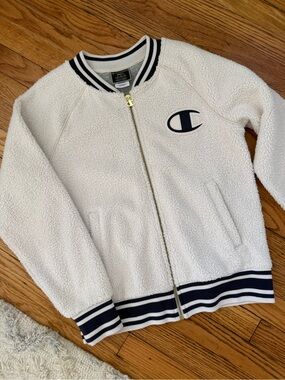 Champion Cream Sherpa Jacket with Navy Stripe Trim